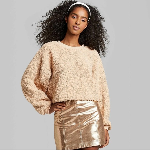 wild fable Sweaters - Tan Teddy Sherpa Oversized Cropped Crewneck Sweater